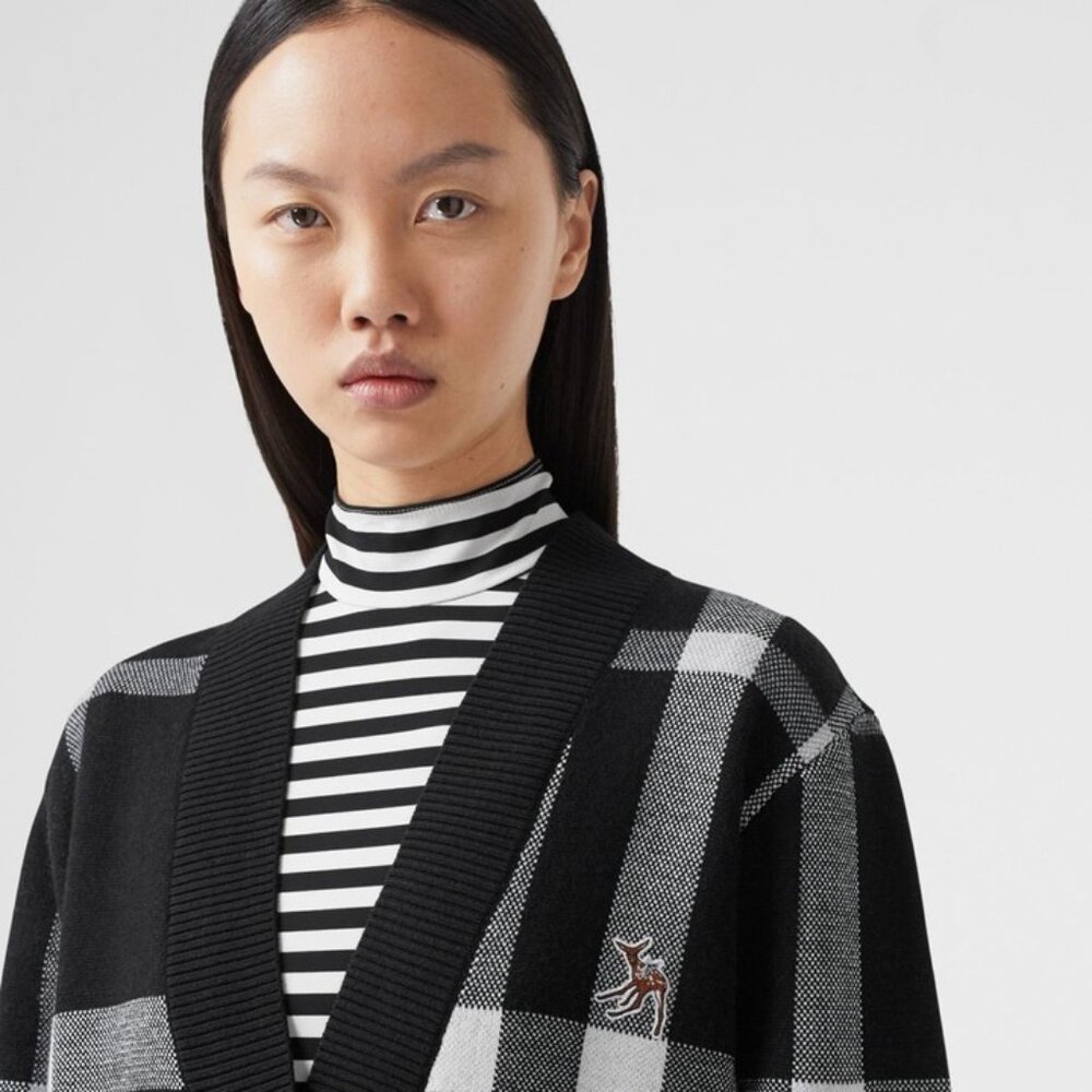 Burberry Deer Motif Check Wool Blend Jacquard Cardigan